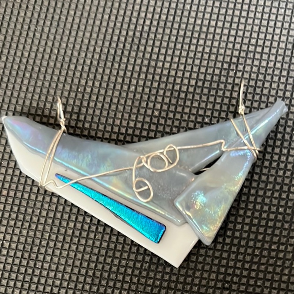 Huge Asymmetrical Grey, Blue, White and Silver Wire-Wrapped Pendant